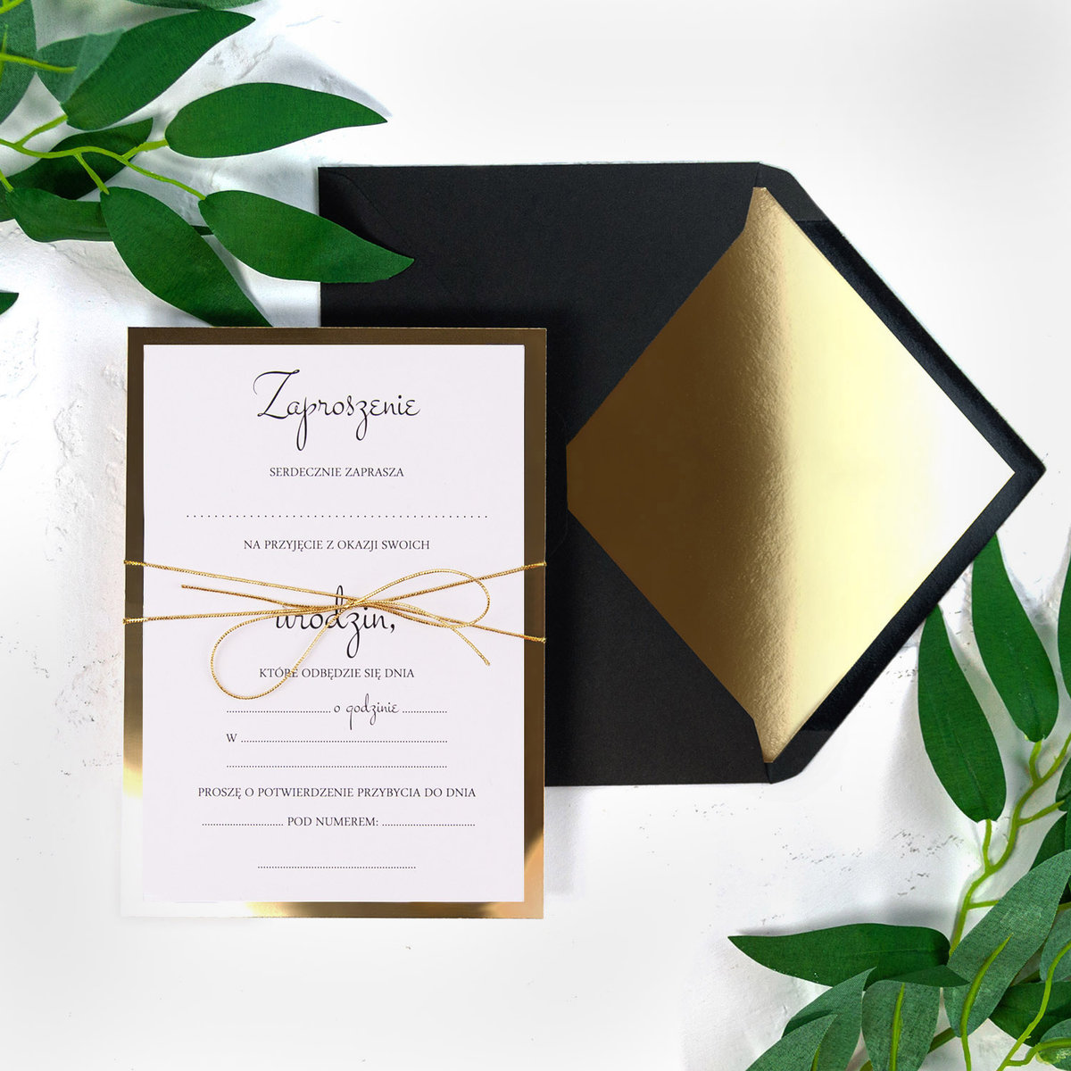 Zaproszenia Na Urodziny, Gold Birthday Do Własnoręcznego Uzupełnienia Z Wyklejoną Na Złoto Kopertą, 5 Sztuk
