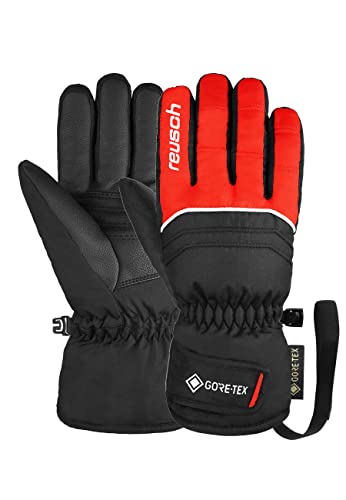 Reusch Dziecięce Teddy Gore-tex wiatroszczelne i wodoodporne, ciepłe rękawice narciarskie, rękawice sportowe, rękawice śniegowe, do jazdy na sankach, rękawiczki zimowe, czarne/czerwone, rozmiar 4,5