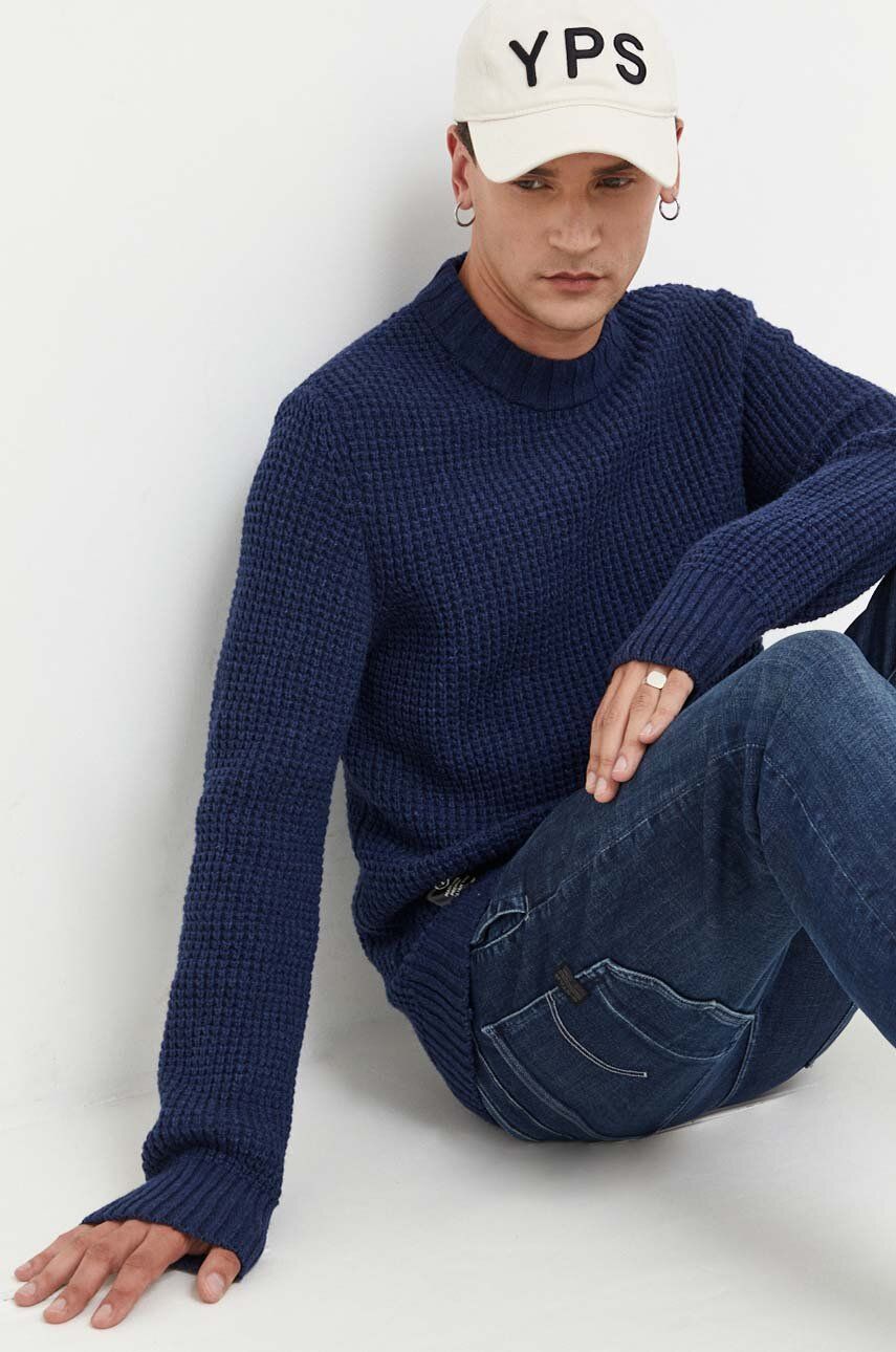 G-Star Raw sweter wełniany męski kolor granatowy ciepły