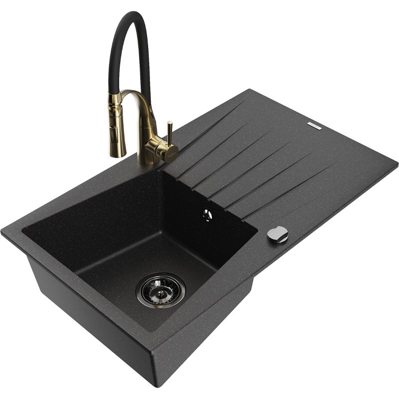 Mexen Cesar zlewozmywak granitowy 1-komorowy z ociekaczem i baterią kuchenną Aster, czarny/srebrny metalik