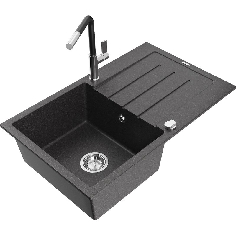 Mexen Bruno zlewozmywak granitowy 1-komorowy z ociekaczem i baterią kuchenną Flora, czarny nakrapiany