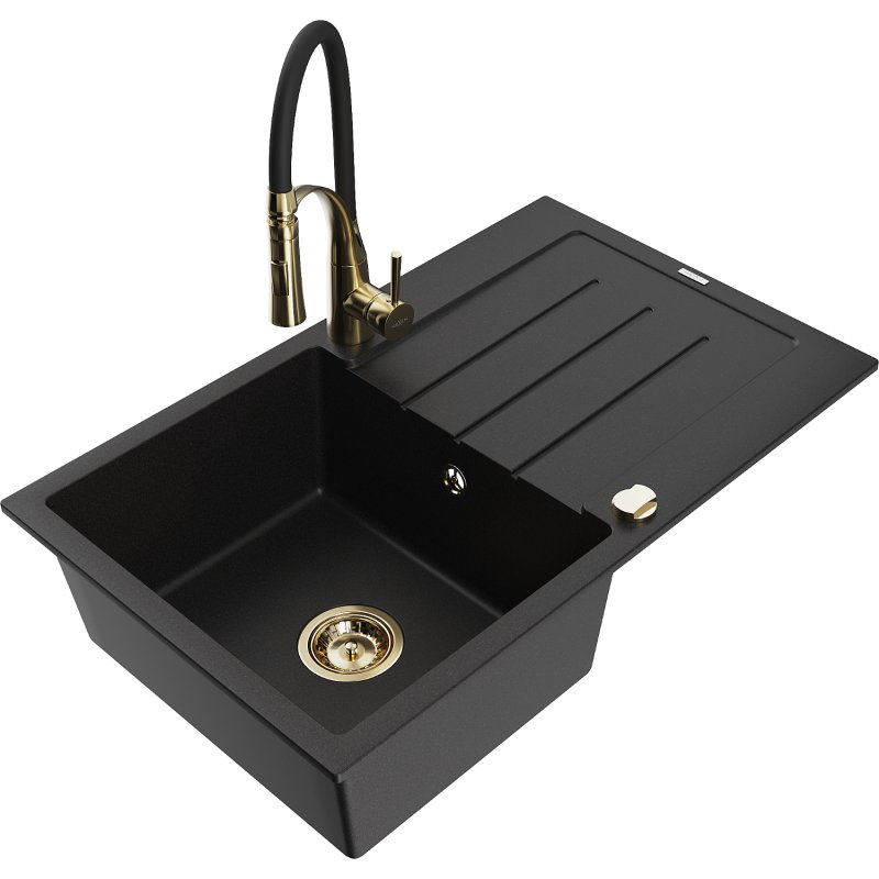 Mexen Bruno zlewozmywak granitowy 1-komorowy z ociekaczem i baterią kuchenną Aster, czarny