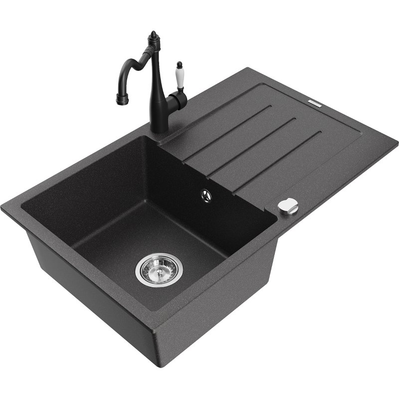 Mexen Bruno zlewozmywak granitowy 1-komorowy z ociekaczem i baterią kuchenną Carla, czarny nakrapiany