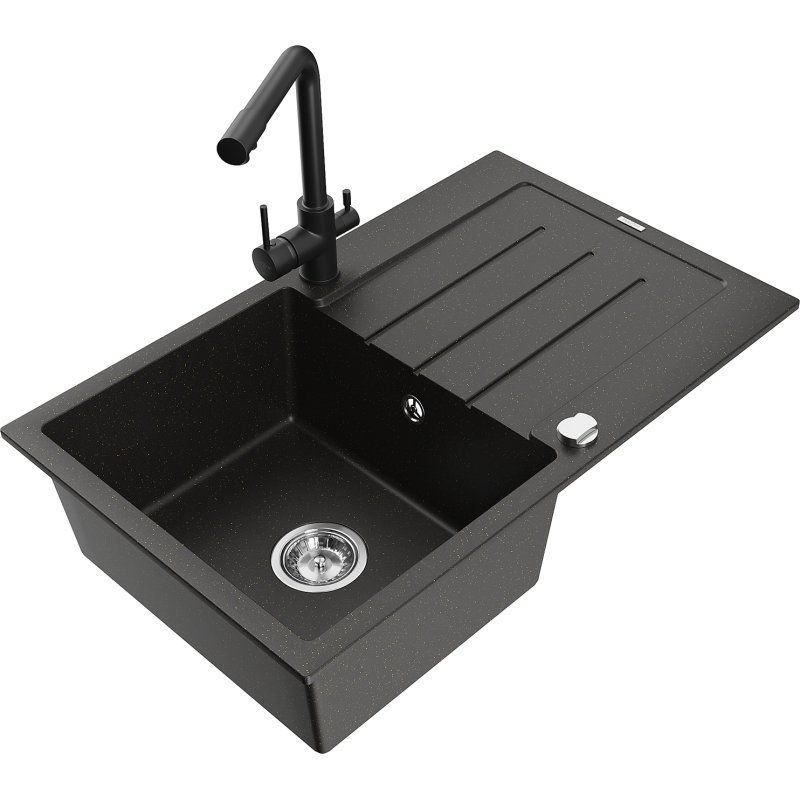 Mexen Bruno zlewozmywak granitowy 1-komorowy z ociekaczem i baterią kuchenną Duero, czarny/złoty metalik