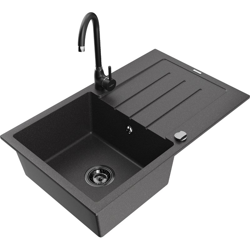 Mexen Bruno zlewozmywak granitowy 1-komorowy z ociekaczem i baterią kuchenną Telma, czarny nakrapiany