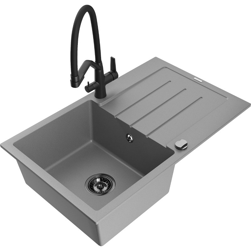 Mexen Bruno zlewozmywak granitowy 1-komorowy z ociekaczem i baterią kuchenną Duo, szary