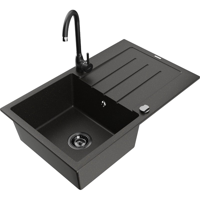 Mexen Bruno zlewozmywak granitowy 1-komorowy z ociekaczem i baterią kuchenną Telma, czarny/złoty