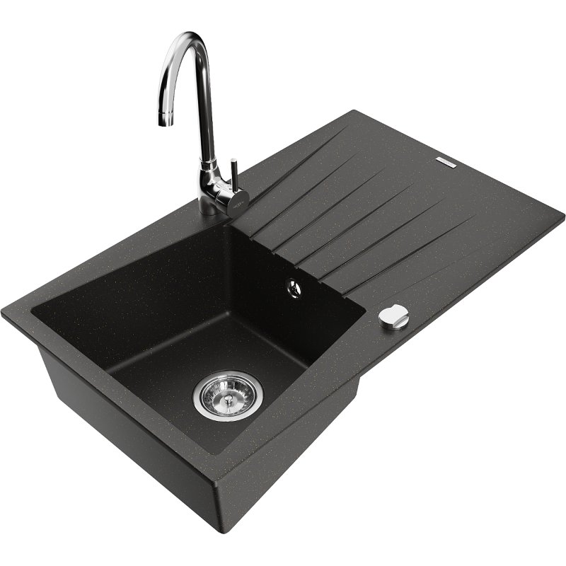 Mexen Cesar zlewozmywak granitowy 1-komorowy z ociekaczem i baterią kuchenną Telma, czarny/złoty