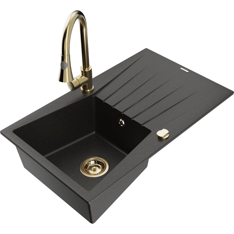 Mexen Cesar zlewozmywak granitowy 1-komorowy z ociekaczem i baterią kuchenną Elia, czarny/złoty metalik