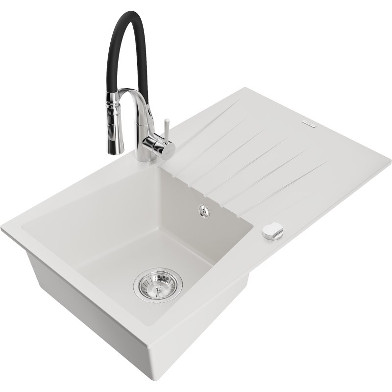 Mexen Cesar zlewozmywak granitowy 1-komorowy z ociekaczem i baterią kuchenną Aster, biały