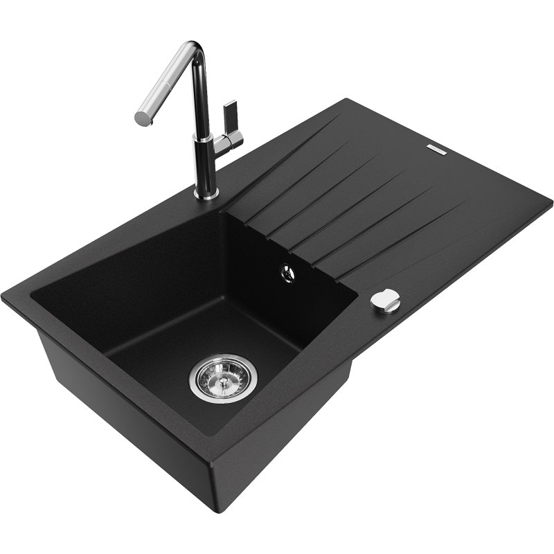 Mexen Cesar zlewozmywak granitowy 1-komorowy z ociekaczem i baterią kuchenną Flora, czarny
