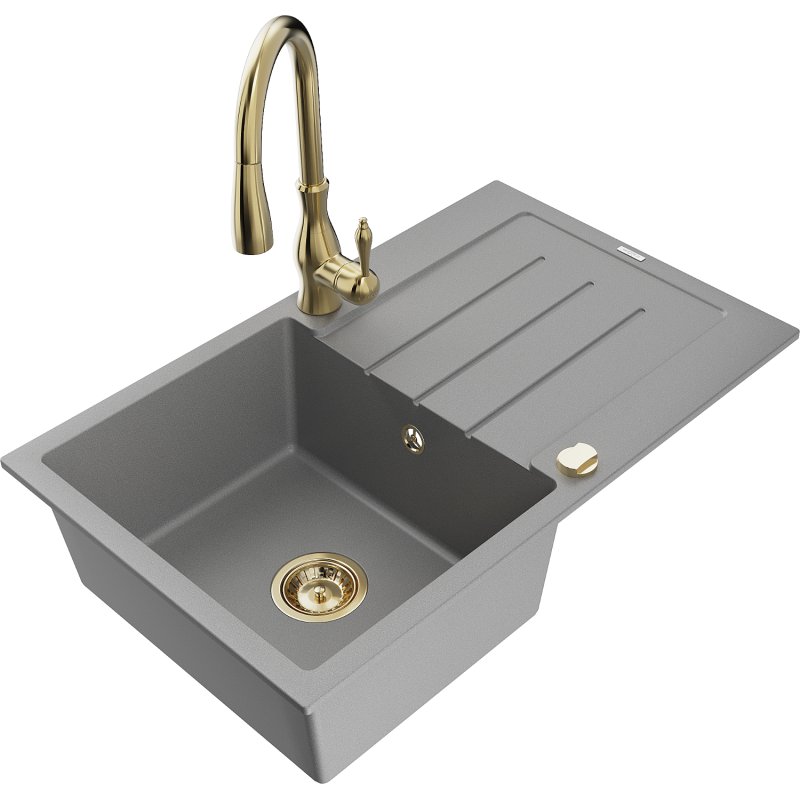 Mexen Bruno zlewozmywak granitowy 1-komorowy z ociekaczem i baterią kuchenną Savita, szary