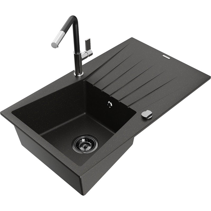 Mexen Cesar zlewozmywak granitowy 1-komorowy z ociekaczem i baterią kuchenną Flora, czarny/złoty metalik