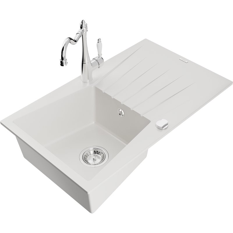 Mexen Cesar zlewozmywak granitowy 1-komorowy z ociekaczem i baterią kuchenną Carla, biały