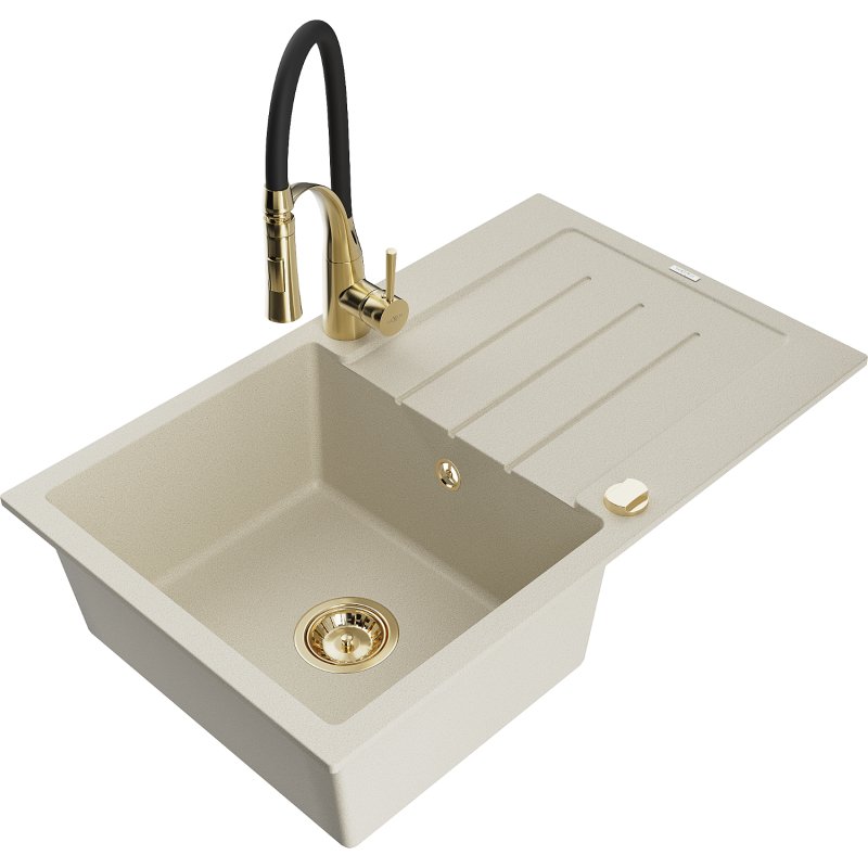 Mexen Bruno zlewozmywak granitowy 1-komorowy z ociekaczem i baterią kuchenną Aster, beżowy