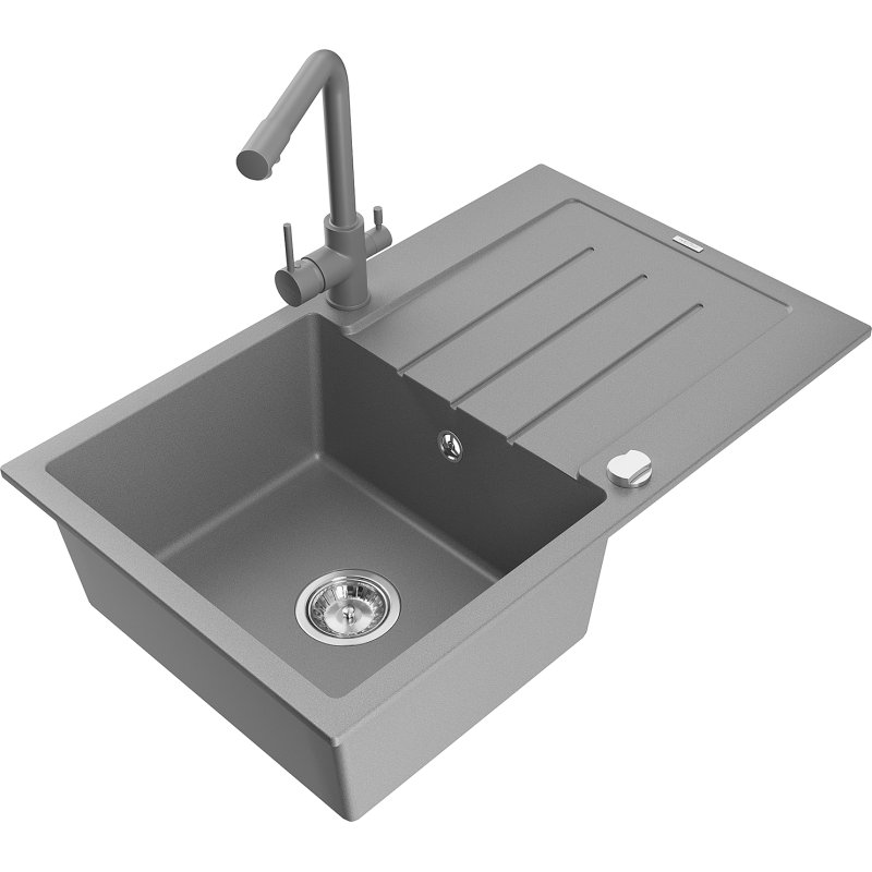 Mexen Bruno zlewozmywak granitowy 1-komorowy z ociekaczem i baterią kuchenną Duero, szary