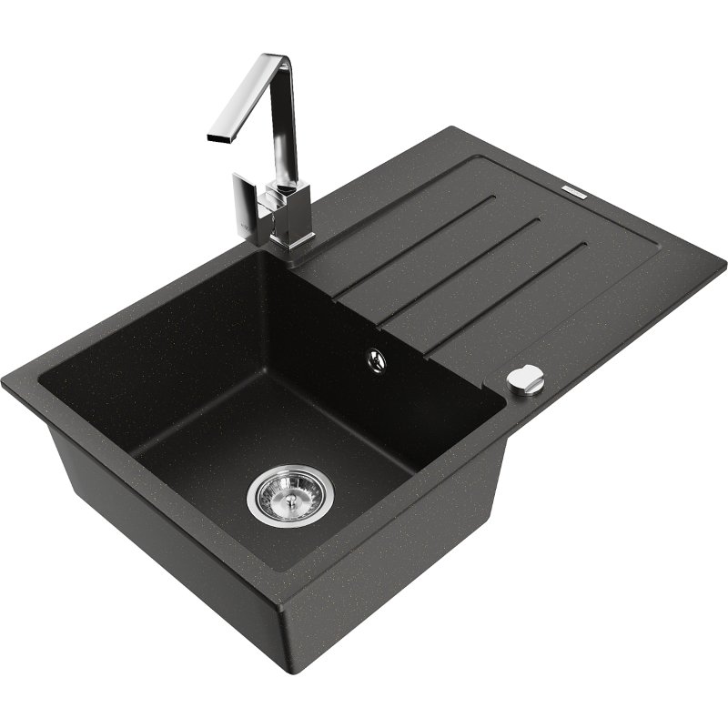 Mexen Bruno zlewozmywak granitowy 1-komorowy z ociekaczem i baterią kuchenną Rita, czarny/złoty metalik