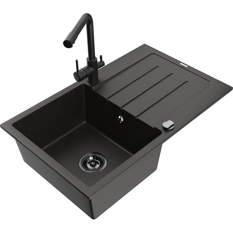 Mexen Bruno zlewozmywak granitowy 1-komorowy z ociekaczem i baterią kuchenną Duero, czarny/złoty metalik