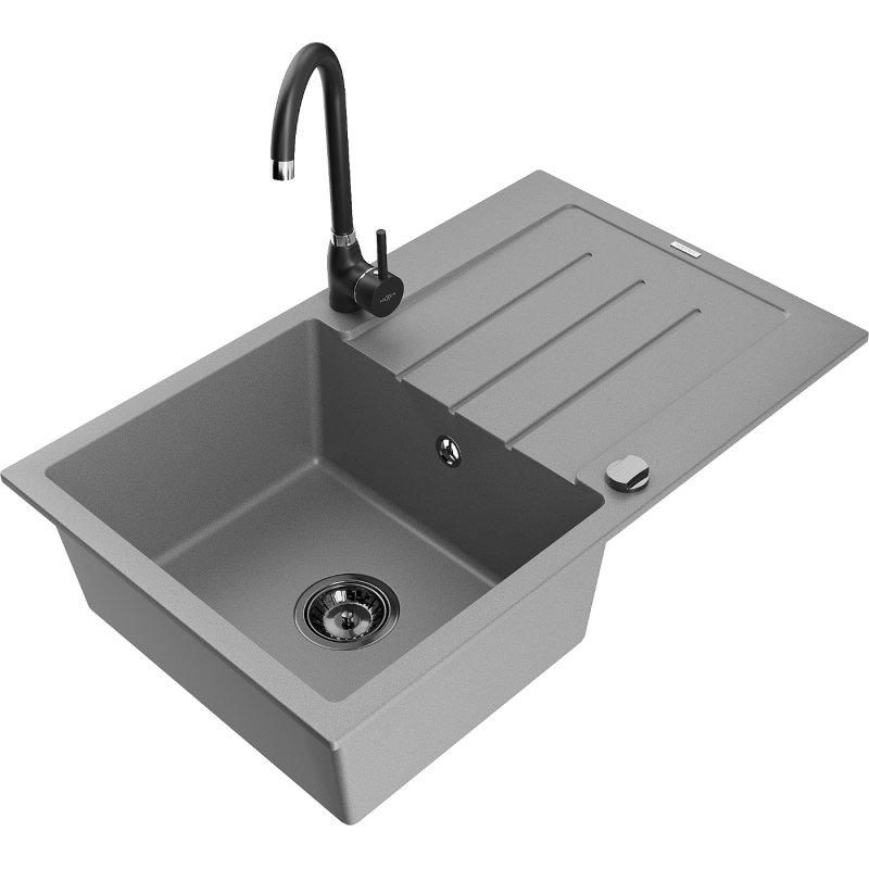 Mexen Bruno zlewozmywak granitowy 1-komorowy z ociekaczem i baterią kuchenną Telma, szary