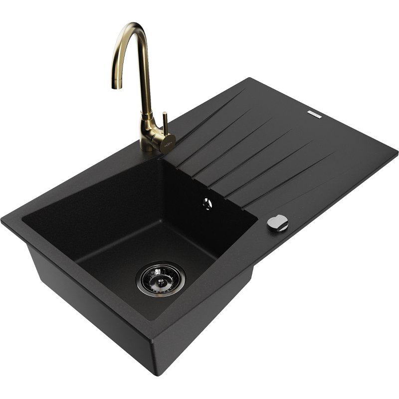 Mexen Cesar zlewozmywak granitowy 1-komorowy z ociekaczem i baterią kuchenną Telma, czarny