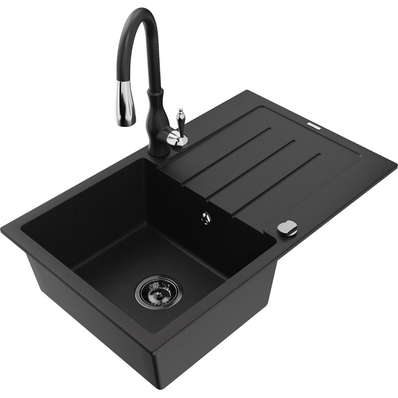 Mexen Bruno zlewozmywak granitowy 1-komorowy z ociekaczem i baterią kuchenną Savita, czarny