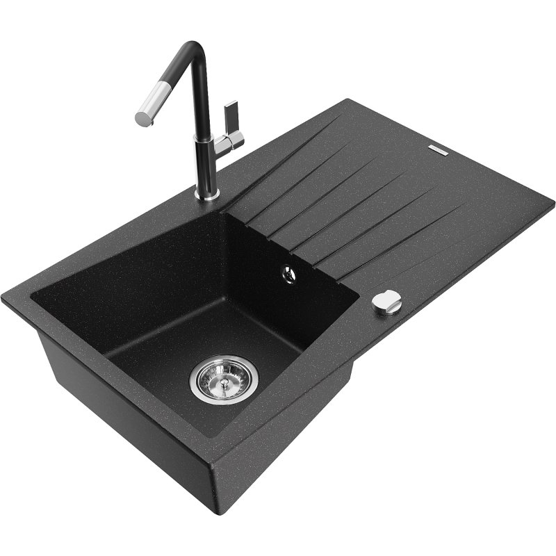 Mexen Cesar zlewozmywak granitowy 1-komorowy z ociekaczem i baterią kuchenną Flora, czarny/srebrny metalik