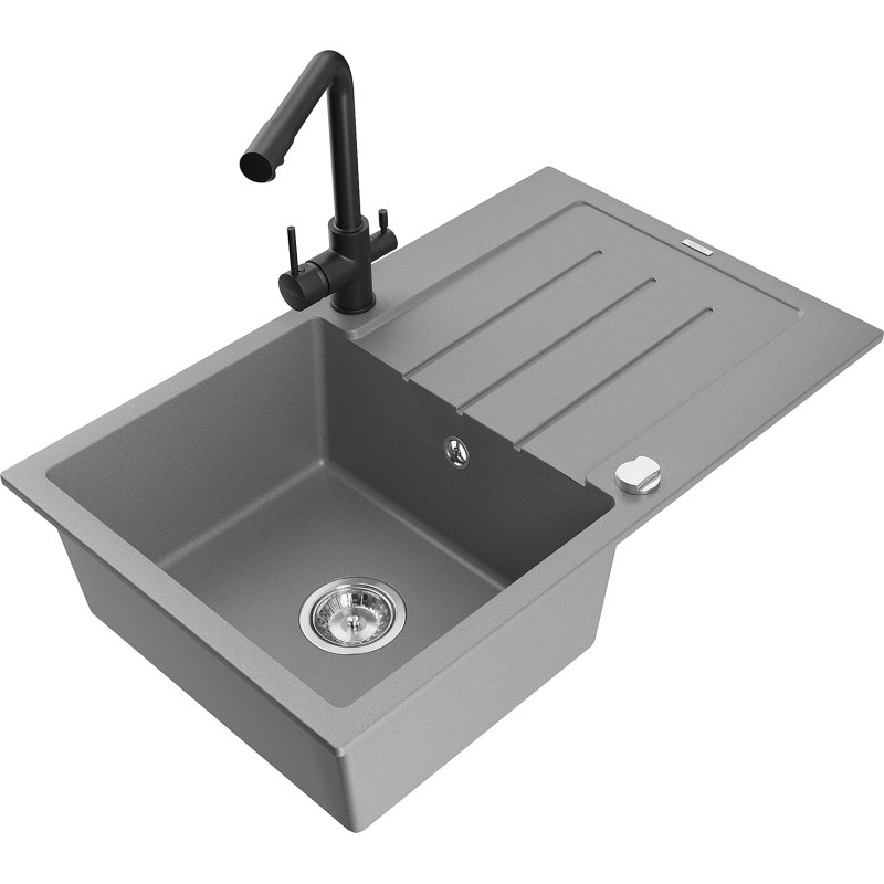 Mexen Bruno zlewozmywak granitowy 1-komorowy z ociekaczem i baterią kuchenną Duero, szary