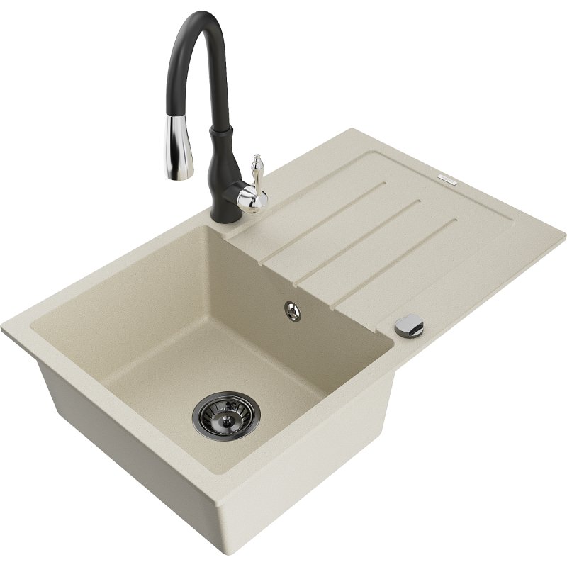Mexen Bruno zlewozmywak granitowy 1-komorowy z ociekaczem i baterią kuchenną Savita, beżowy