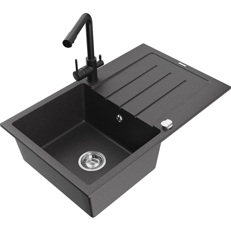 Mexen Bruno zlewozmywak granitowy 1-komorowy z ociekaczem i baterią kuchenną Duero, czarny nakrapiany