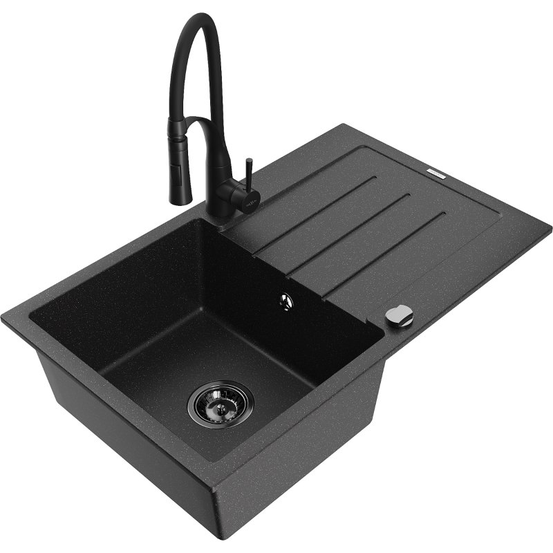 Mexen Bruno zlewozmywak granitowy 1-komorowy z ociekaczem i baterią kuchenną Aster, czarny/srebrny metalik