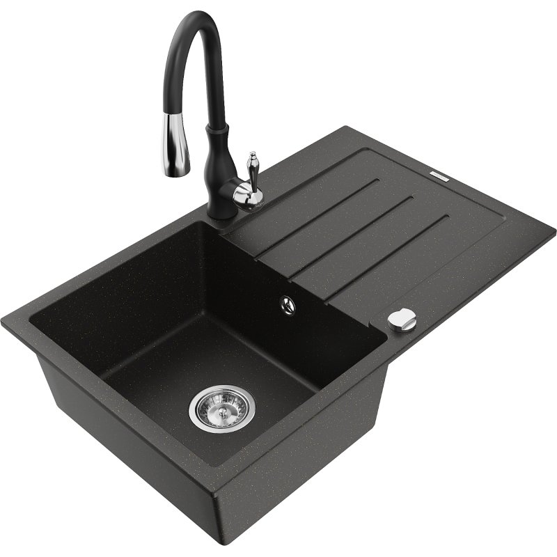 Mexen Bruno zlewozmywak granitowy 1-komorowy z ociekaczem i baterią kuchenną Savita, czarny/zloty metalik