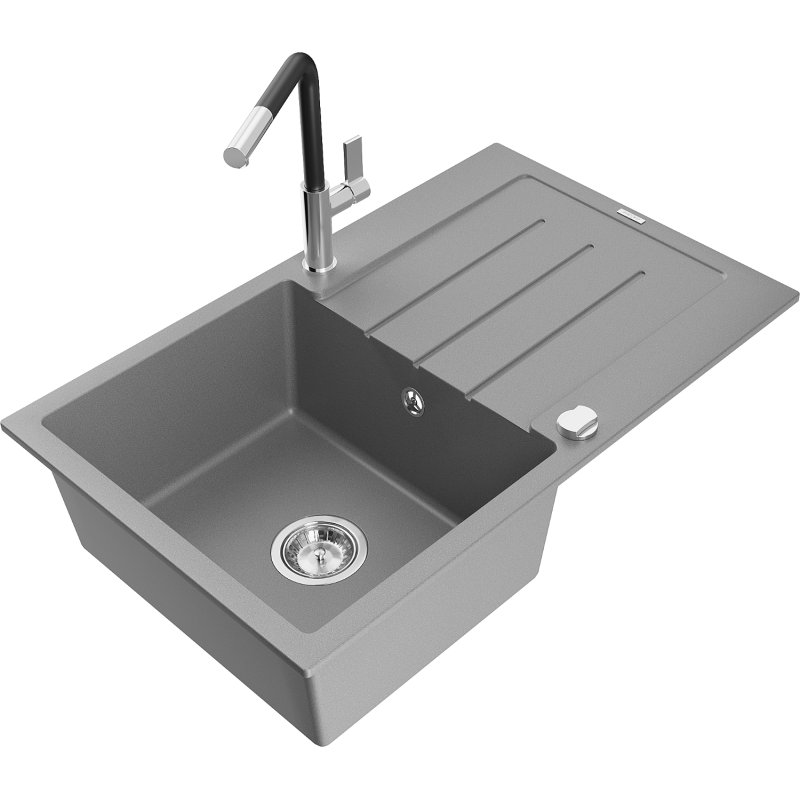 Mexen Bruno zlewozmywak granitowy 1-komorowy z ociekaczem i baterią kuchenną Flora, szary