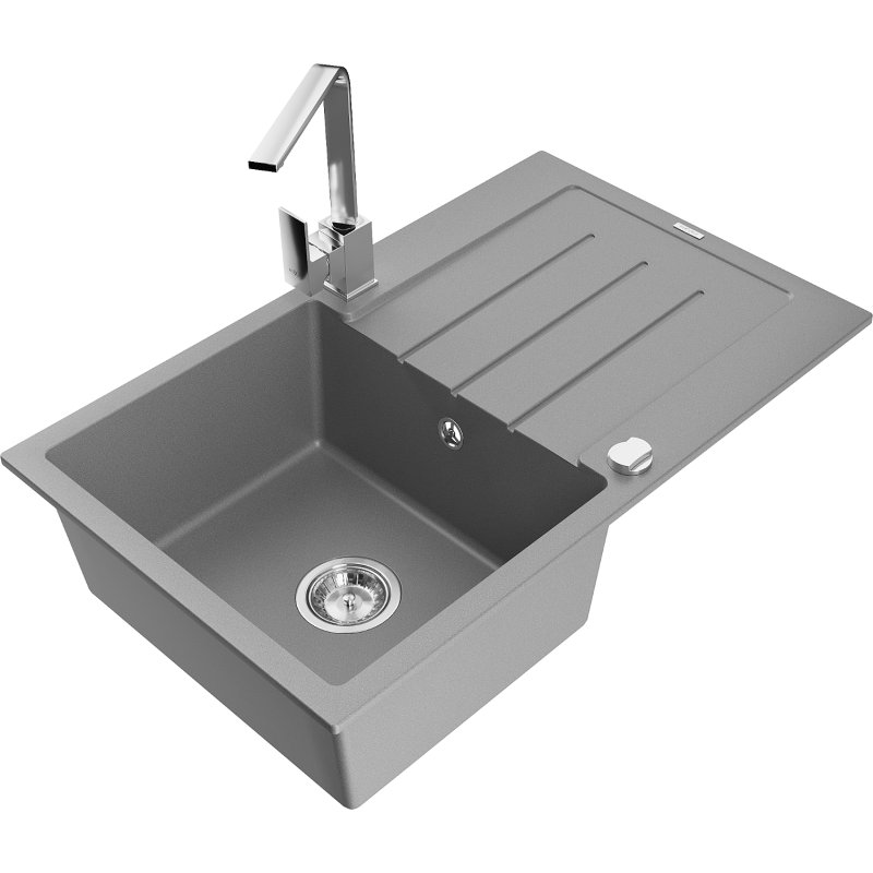 Mexen Bruno zlewozmywak granitowy 1-komorowy z ociekaczem i baterią kuchenną Rita, szary