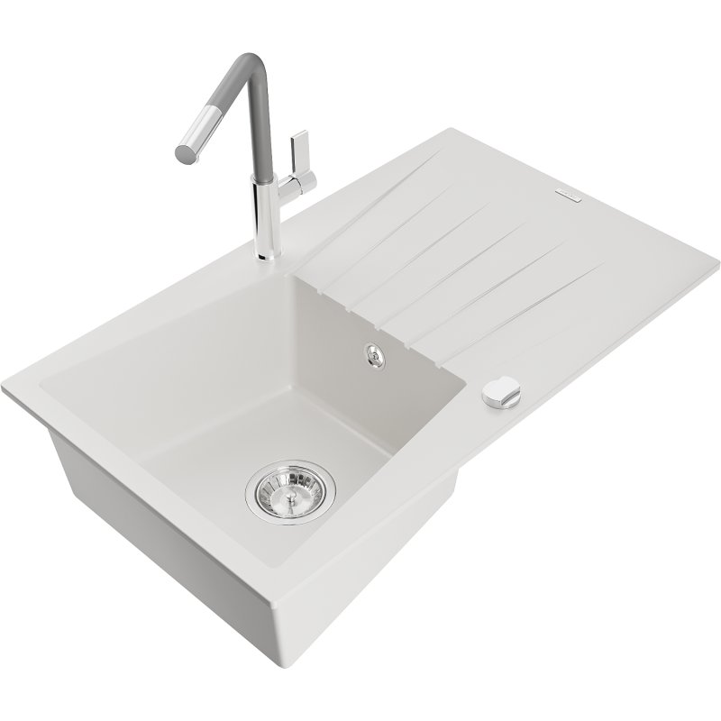 Mexen Cesar zlewozmywak granitowy 1-komorowy z ociekaczem i baterią kuchenną Flora, biały