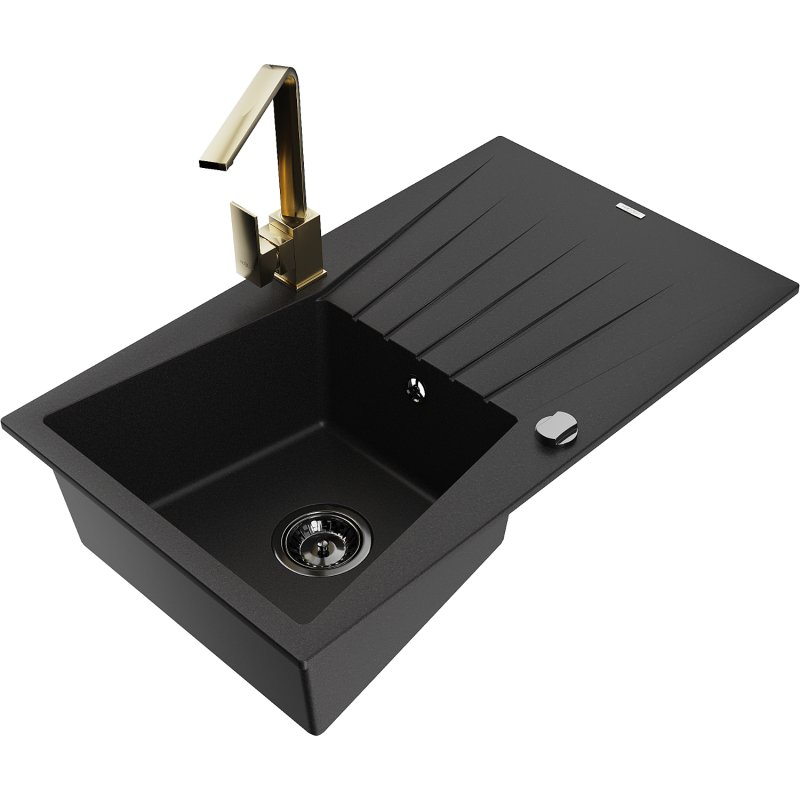 Mexen Cesar zlewozmywak granitowy 1-komorowy z ociekaczem i baterią kuchenną Rita, czarny