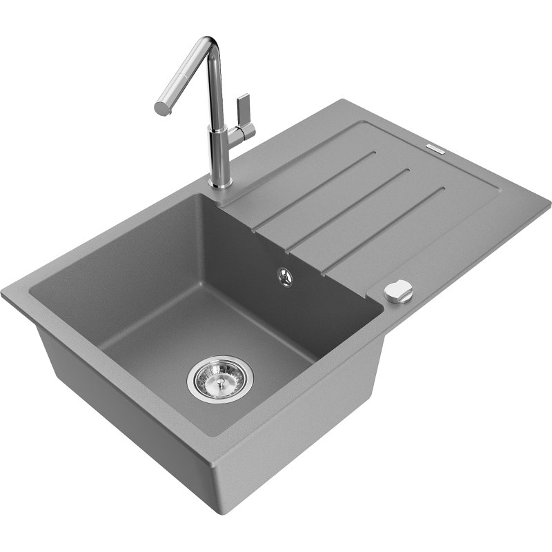 Mexen Bruno zlewozmywak granitowy 1-komorowy z ociekaczem i baterią kuchenną Flora, szary