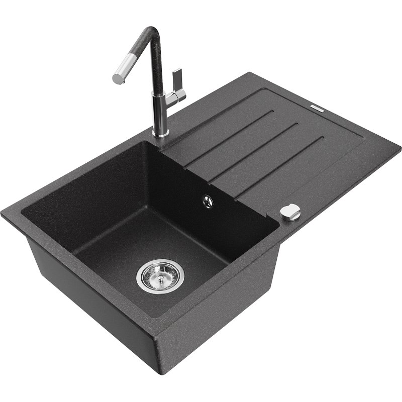 Mexen Bruno zlewozmywak granitowy 1-komorowy z ociekaczem i baterią kuchenną Flora, czarny nakrapiany