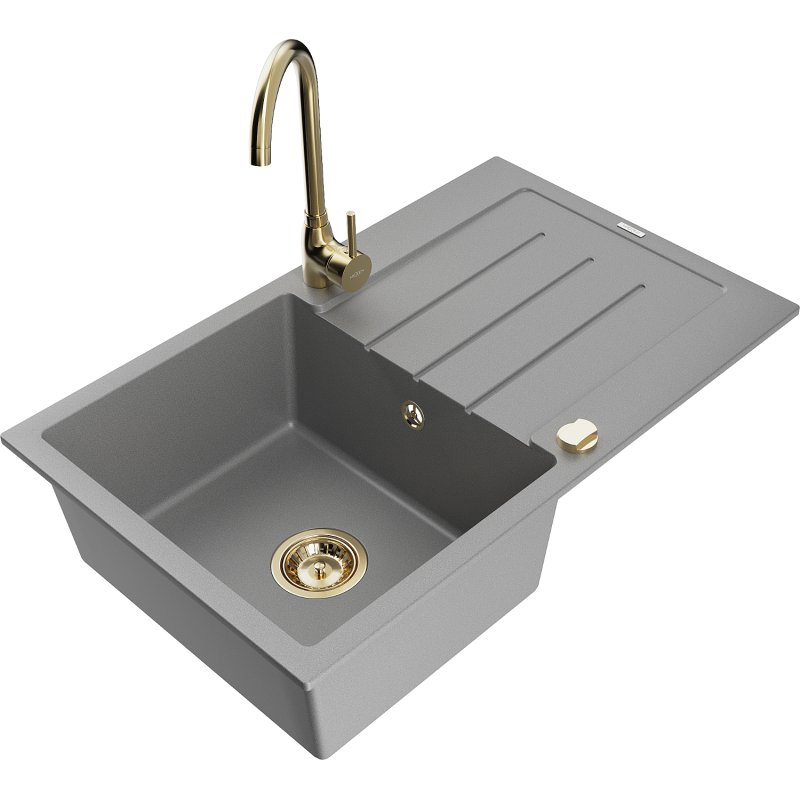 Mexen Bruno zlewozmywak granitowy 1-komorowy z ociekaczem i baterią kuchenną Telma, szary