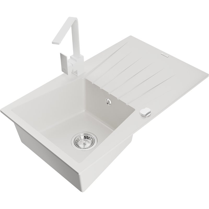 Mexen Cesar zlewozmywak granitowy 1-komorowy z ociekaczem i baterią kuchenną Rita, biały