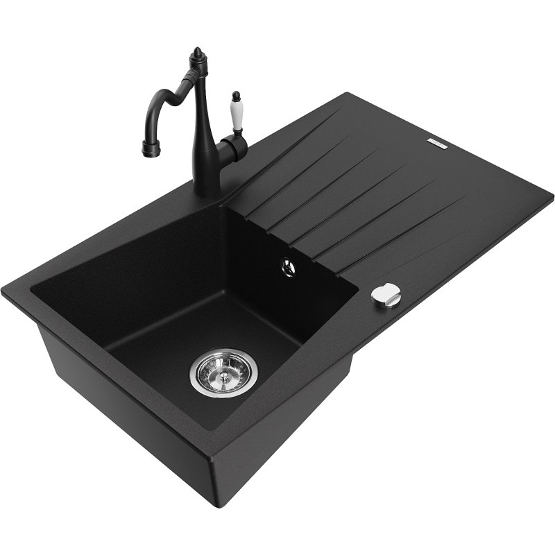 Mexen Cesar zlewozmywak granitowy 1-komorowy z ociekaczem i baterią kuchenną Carla, czarny