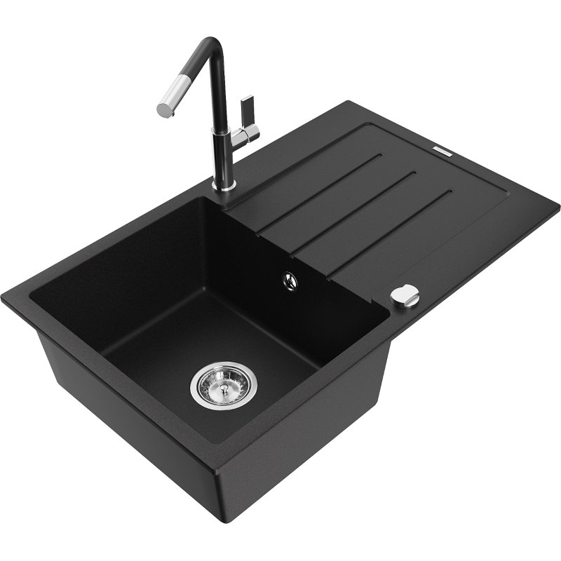 Mexen Bruno zlewozmywak granitowy 1-komorowy z ociekaczem i baterią kuchenną Flora, czarny