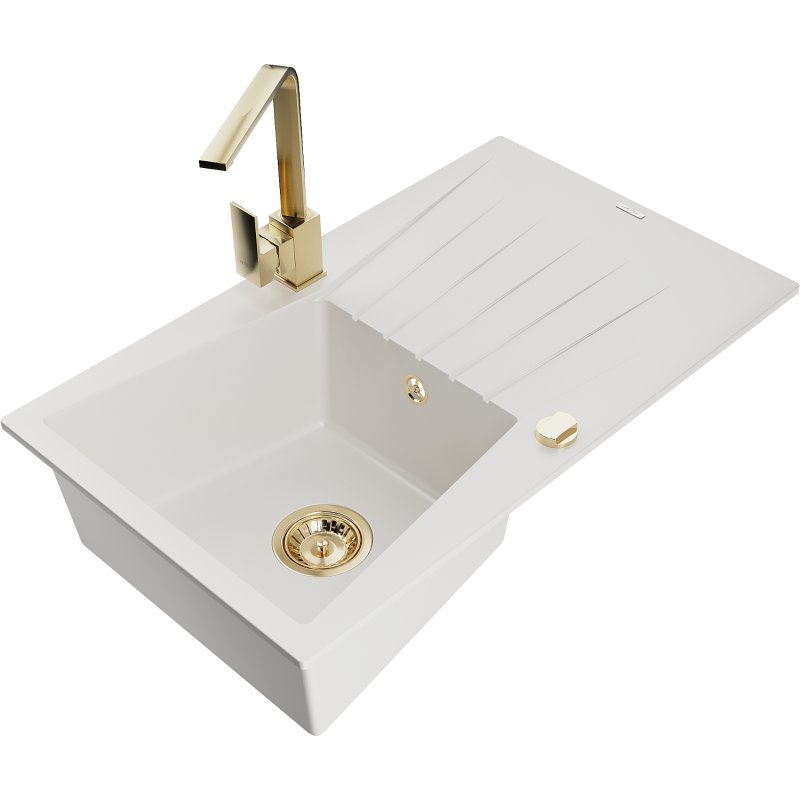 Mexen Cesar zlewozmywak granitowy 1-komorowy z ociekaczem i baterią kuchenną Rita, biały