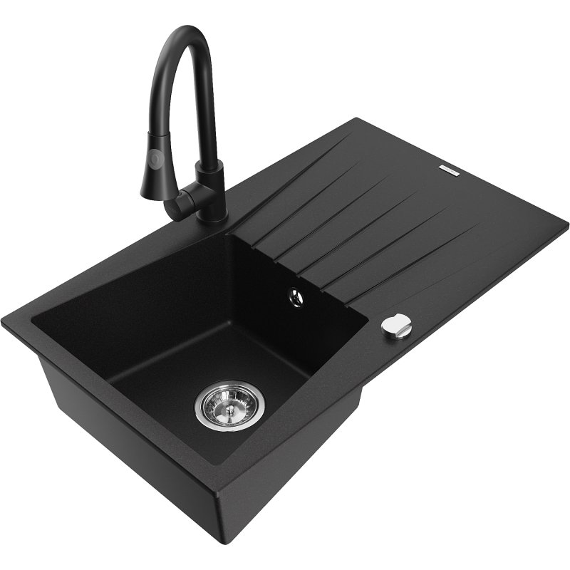 Mexen Cesar zlewozmywak granitowy 1-komorowy z ociekaczem i baterią kuchenną Elia, czarny