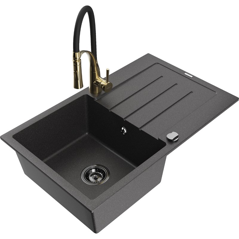 Mexen Bruno zlewozmywak granitowy 1-komorowy z ociekaczem i baterią kuchenną Aster, czarny nakrapiany