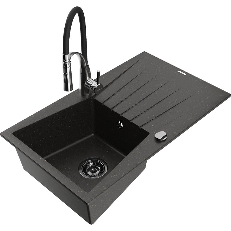 Mexen Cesar zlewozmywak granitowy 1-komorowy z ociekaczem i baterią kuchenną Aster, czarny/złoty metalik