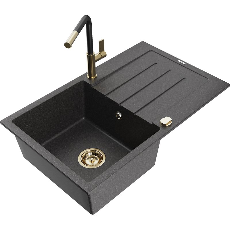 Mexen Bruno zlewozmywak granitowy 1-komorowy z ociekaczem i baterią kuchenną Flora, czarny nakrapiany