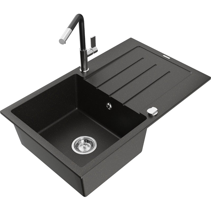 Mexen Bruno zlewozmywak granitowy 1-komorowy z ociekaczem i baterią kuchenną Flora, czarny/złoty metalik