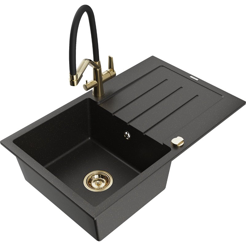 Mexen Bruno zlewozmywak granitowy 1-komorowy z ociekaczem i baterią kuchenną Duo, czarny/złoty metalik