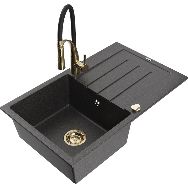 Mexen Bruno zlewozmywak granitowy 1-komorowy z ociekaczem i baterią kuchenną Aster, czarny nakrapiany