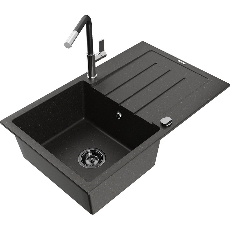 Mexen Bruno zlewozmywak granitowy 1-komorowy z ociekaczem i baterią kuchenną Flora, czarny/złoty metalik